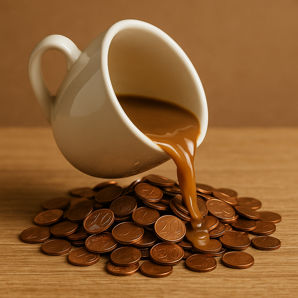 Taza de café volcada derramando monedas sobre una mesa, ilustrando el concepto del latte factor